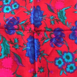 ❤️ Vintage Challis scarf, bright red, fuschia, blues, 30x30 inches